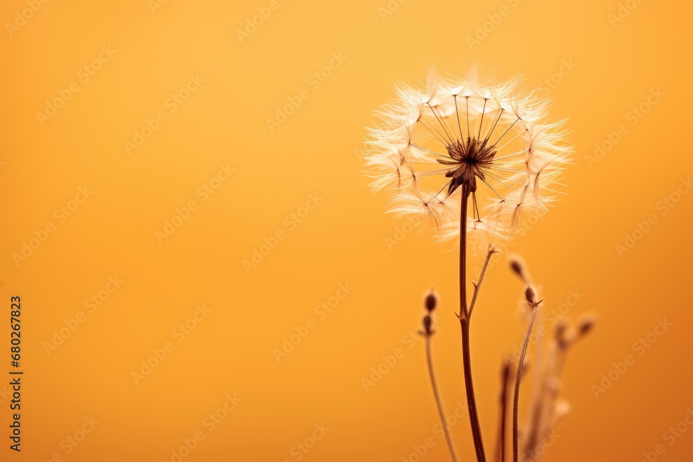  a close up of a dandelion on a yellow background with a blurry image of the dandelion.