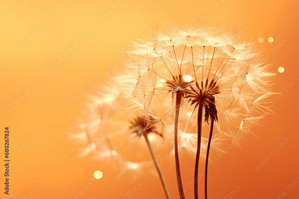  a close up of a dandelion in front of a yellow background with a blurry image of the dandelion.