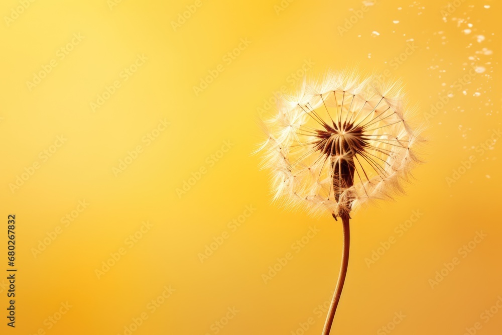  a dandelion blowing in the wind on a yellow and yellow background with drops of water on the dandelion.
