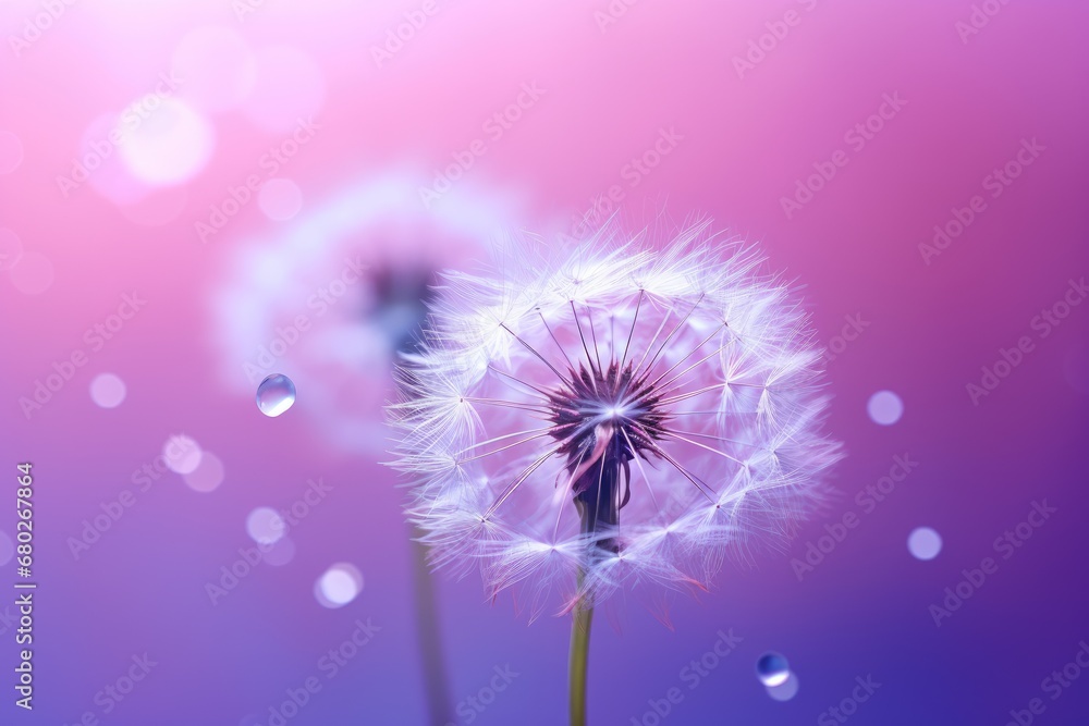 a close up of a dandelion on a purple and pink background with drops of water on the dandelion. a close up of a dandelion on a purple and pink background with drops of water on the dandelion.