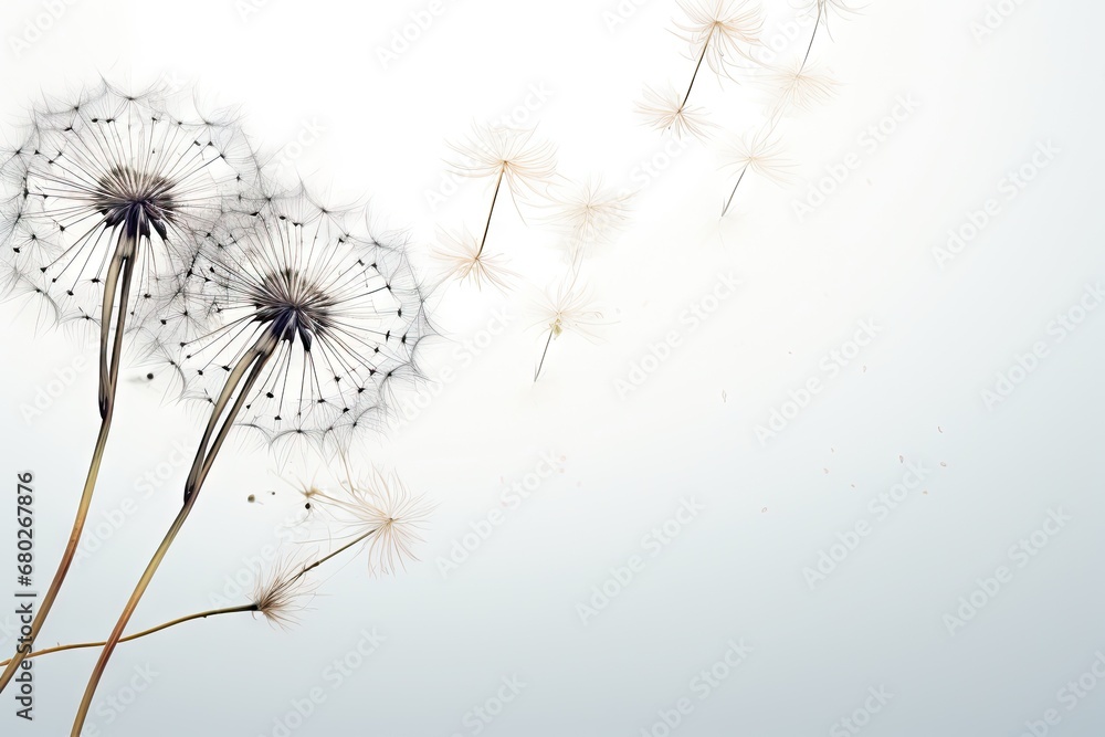 a dandelion is blowing in the wind on a white and blue background with a light blue sky in the background. a dandelion is blowing in the wind on a white and blue background with a light blue sky in the background.