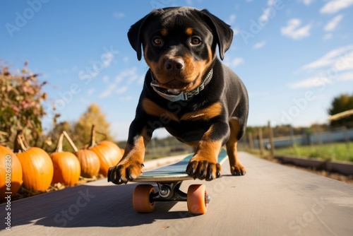 Full-length portrait photography of a cute rottweiler skateboarding against pumpkin patches background. With generative AI technology