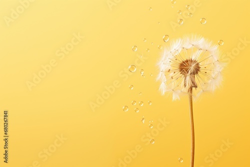  a dandelion blowing in the wind with drops of water on the dandelion on a yellow background.