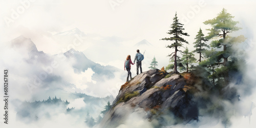Happy Couple Reaching Top of Mountain Summit at Mountain Forest Trail. Enjoying Calming Nature  Having a Good Time on Holidays. Nordic Walking. Watercolour Illustration.