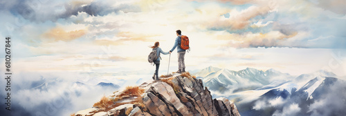 Happy Couple Reaching Top of Mountain Summit at Mountain Forest Trail. Enjoying Calming Nature, Having a Good Time on Holidays. Nordic Walking. Watercolour Illustration. photo
