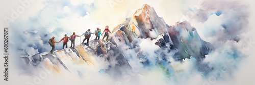 Group of People on the Peak of the Mountain. Climbing and Giving Helping Hand. Team work with Guide. Travel Hiking or Track Walking. Successful Team building Business Concept. Watercolour Illustration