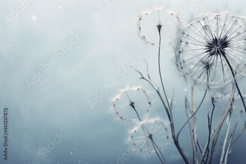  a dandelion is blowing in the wind on a blue and gray background with a blurry sky in the background.