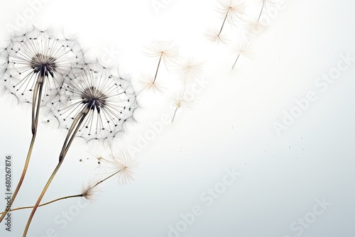  a dandelion is blowing in the wind on a white and blue background with a light blue sky in the background.