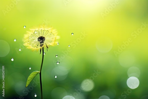  a dandelion with drops of water on it in front of a green background with a blurry image of the dandelion.