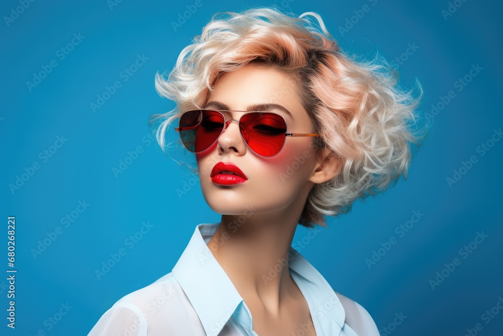 Fashionable and confident woman in stylish sunglasses and fashionable outfit on a blue background.