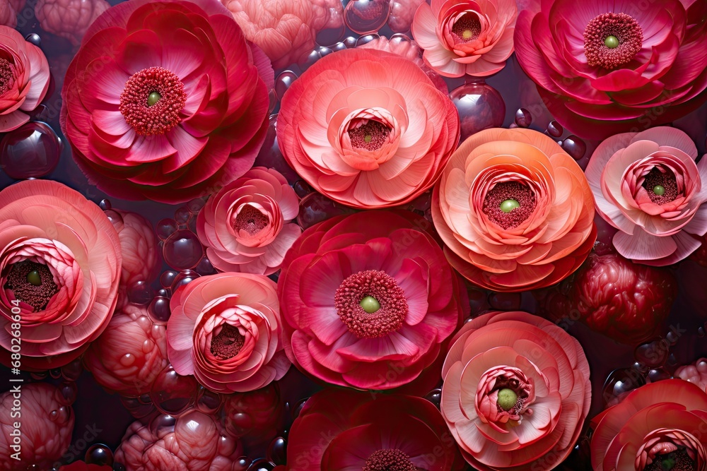 a group of red flowers floating on top of a body of water with bubbles on the bottom of the petals. a group of red flowers floating on top of a body of water with bubbles on the bottom of the petals.