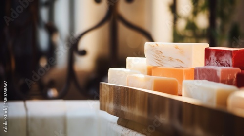 Close-up of a handcrafted soap collection, blurred background of a luxury bathroom