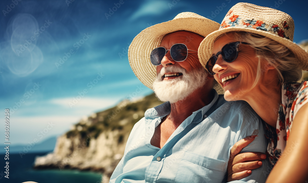 Happy senior couple in hats and sunglasses enjoying summer vacation on the beach. Happy senior couple in hats and sunglasses enjoying summer vacation on the beach.