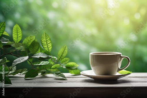  a cup of coffee sitting on top of a wooden table next to a green leafy bush on a sunny day.