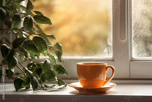  a cup and saucer sitting on a window sill in front of a window with a potted plant.
