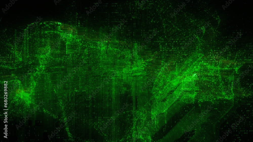 Abstract green error code glitch background. Technology and communications HUD copy space backdrop. 3D illustration with information noise of cyberspace network security software hack. Abstract green error code glitch background. Technology and communications HUD copy space backdrop. 3D illustration with information noise of cyberspace network security software hack.