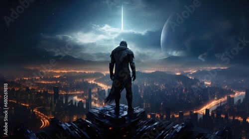 Dark Warrior Conquers Futuristic Cyberpunk City from Tower Top - A Fantasy of Night Sky and Futuristic Earth