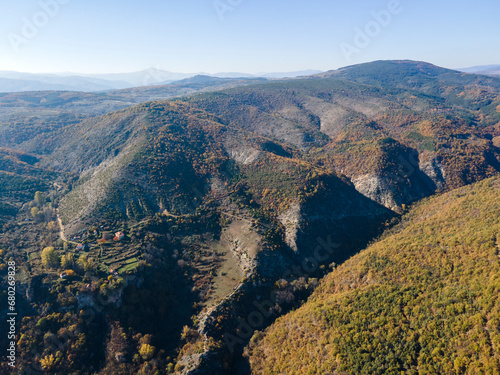 Aerial Autumn view of Zemen Gorge, Bulgaria photo