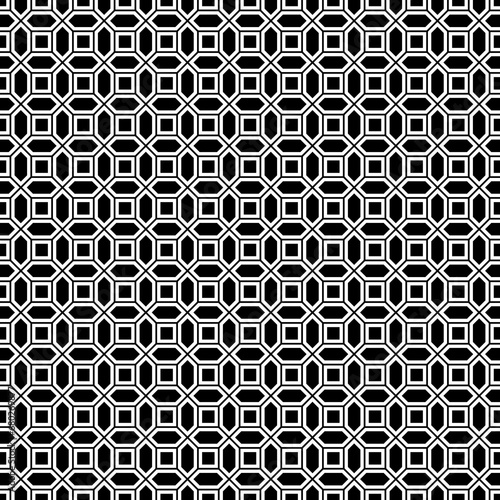 Repeated white figures on black background. Geometric wallpaper. Seamless surface pattern design with convex hexagons and regular squares. Tiles motif. Digital paper for textile print. Vector art.