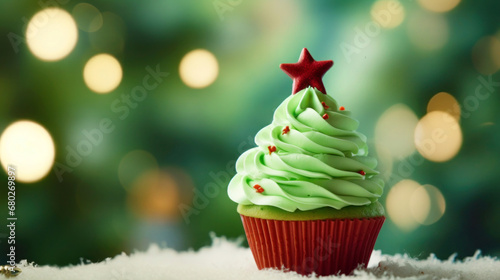 Christmas homemade cupcake as Xmas tree with green whipped cream and red star on green bokeh background, Space for text