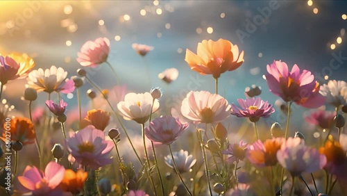 Magical Wild flower field moving in the wind with beautiful sunlight. White daisy meadow in sunset lights. Field of white daisies in the wind swaying close up. Concept: nature, flowers, spring, biolog photo