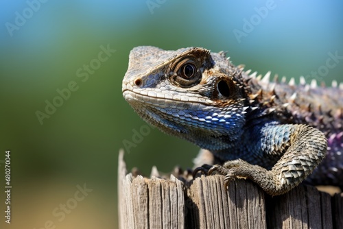 Closeup of Western Fence Lizard with Unique Blue Throat Patch Perched on Fence in Desert Environment, Perfect Nature Wildlife Photography Shot photo