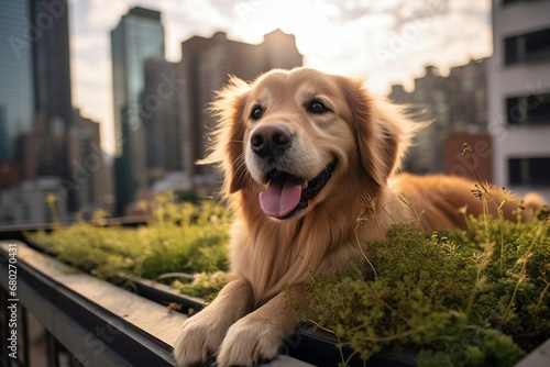 Headshot portrait photography of a smiling golden retriever scratching nose against urban rooftop gardens background. With generative AI technology © Markus Schröder