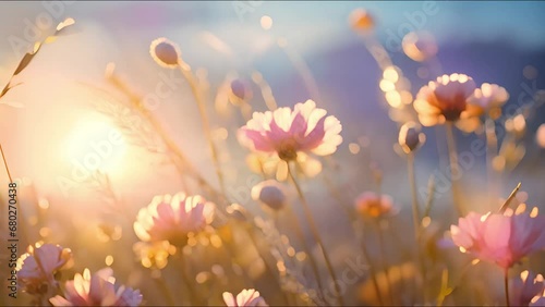 Magical Wild flower field moving in the wind with beautiful sunlight. White daisy meadow in sunset lights. Field of white daisies in the wind swaying close up. Concept: nature, flowers, spring, biolog photo