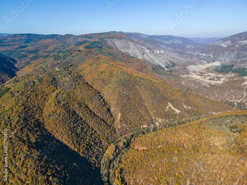 Aerial Autumn view of Zemen Gorge, Bulgaria photo