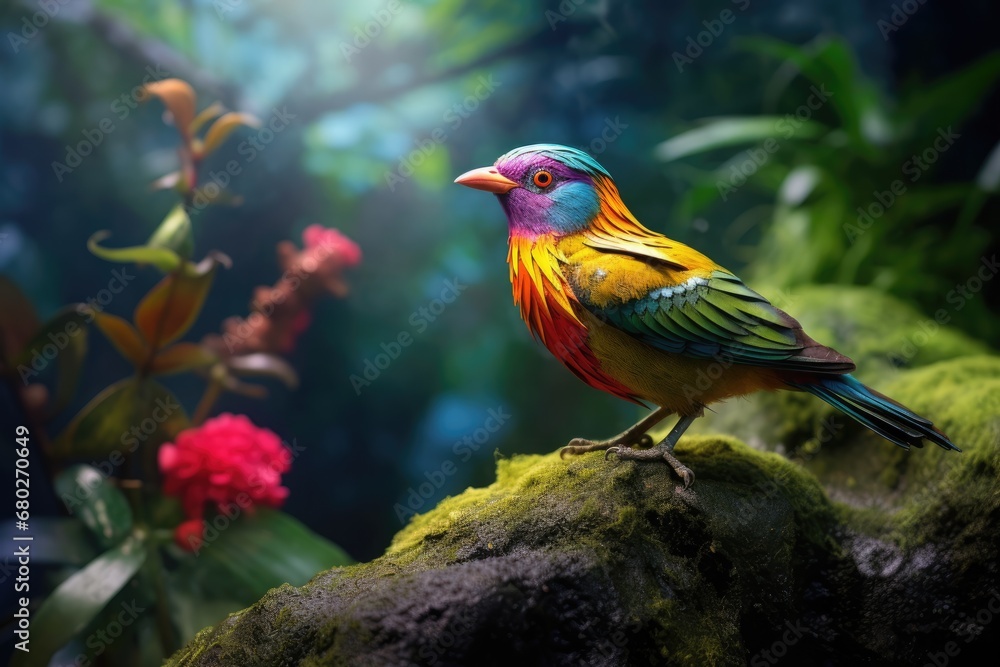  a colorful bird sitting on a mossy rock in a tropical setting with red and pink flowers in the background.