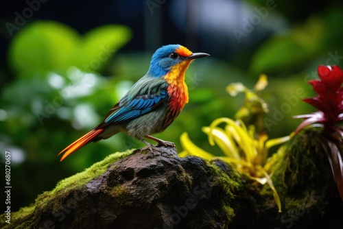  a colorful bird perched on top of a mossy rock next to a flower pot with red and yellow flowers.