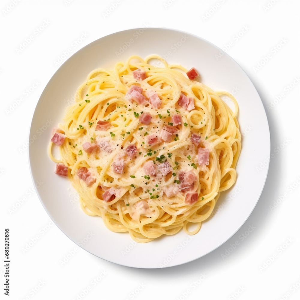delicious carbonara pasta on white background, AI Generative.