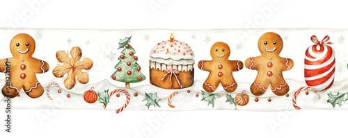 Christmas decorative banner with gingerbread men cookies, gifts, candies and christmas cake. Drawing, illustration on white background.