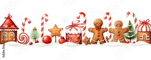 Christmas decorative banner with gingerbread men cookies, gifts, candies and christmas cake. Drawing, illustration on white background. © chudo2307
