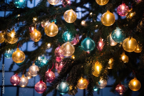  a close up of a christmas tree with a bunch of lights hanging from it's branches in front of a window.