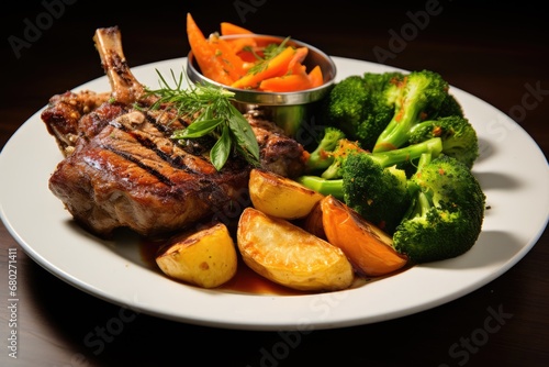  a white plate topped with meat and veggies next to a bowl of carrots and broccoli.