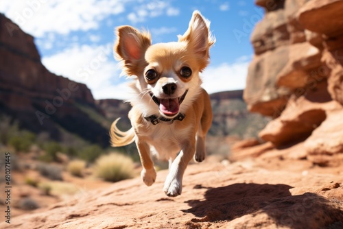Full-length portrait photography of a happy chihuahua chasing his tail against rock formations background. With generative AI technology © Markus Schröder