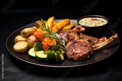  a plate of food with meat, potatoes, and veggies on a black plate with a dipping sauce.