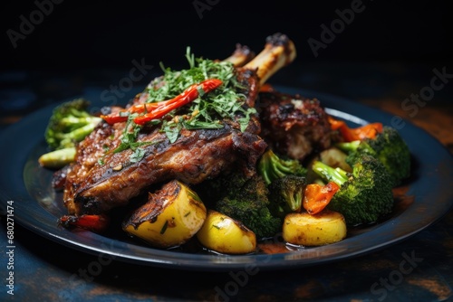  a close up of a plate of food with broccoli and potatoes on a table with a dark background.
