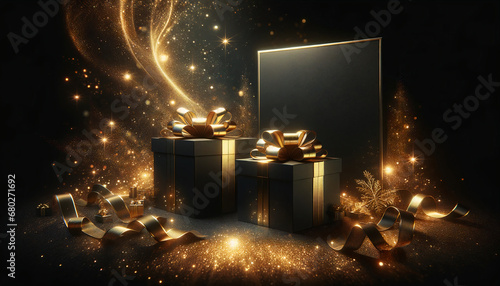 Luxurious black background with copy space for Christmas greeting with bright and shimmering golden sparkling decorative Christmas elements with magical atmosphere bling.Gift boxes © melita