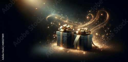 Luxurious elegant banner copy space for Christmas greeting with shimmering golden sparkling decorative Christmas elements with magical atmosphere bling.Gift packages.Generative Ai