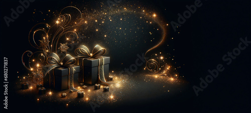Luxurious elegant banner copy space for Christmas greeting with shimmering sparkling golden trail decorative Christmas elements with magical atmosphere bling.Black background.Gift packages