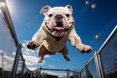 Environmental portrait photography of a funny bulldog jumping over an obstacle against planetariums background. With generative AI technology