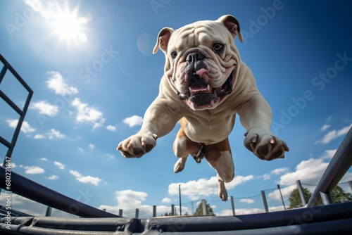 Environmental portrait photography of a funny bulldog jumping over an obstacle against planetariums background. With generative AI technology