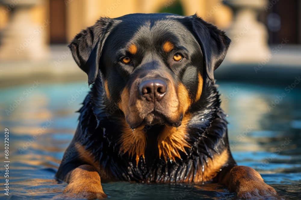 Fototapeta premium Close-up portrait photography of a cute rottweiler swimming against fountains and water features background. With generative AI technology
