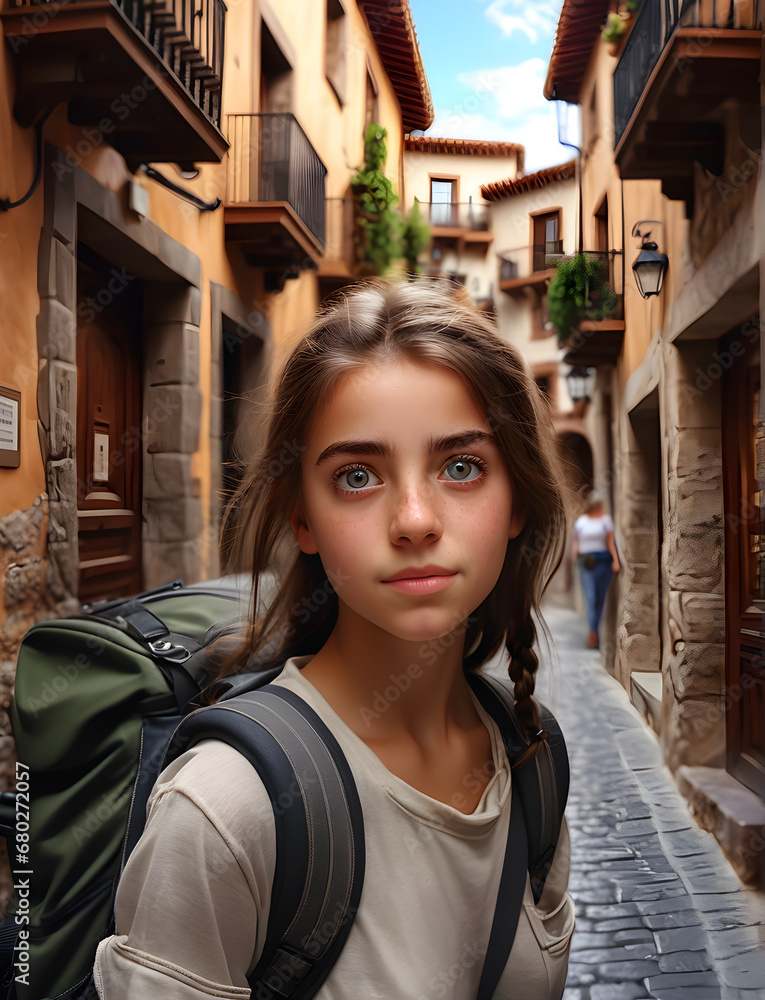 Spanish Sojourn: Solo Traveler Girl Explores the Charming Streets of a Town in Spain. generative AI