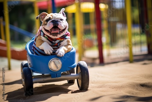 Environmental portrait photography of a smiling bulldog riding in a baby stroller against outdoor mazes background. With generative AI technology © Markus Schröder