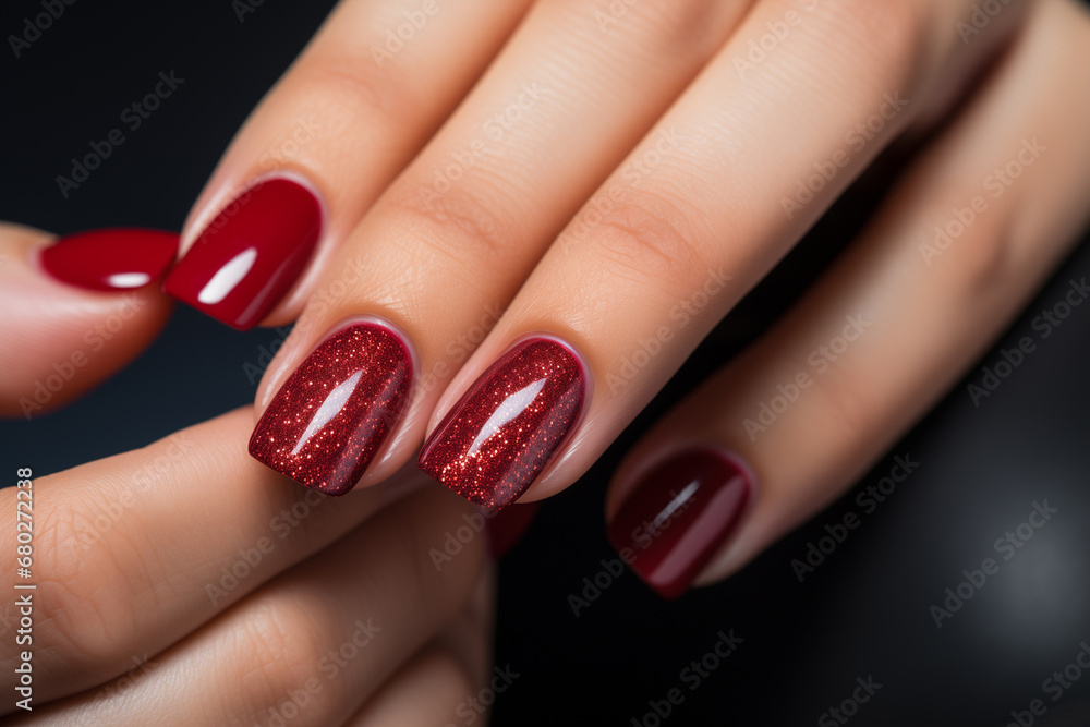 .Close-up of nails with red manicure .Close-up of nails with red manicure