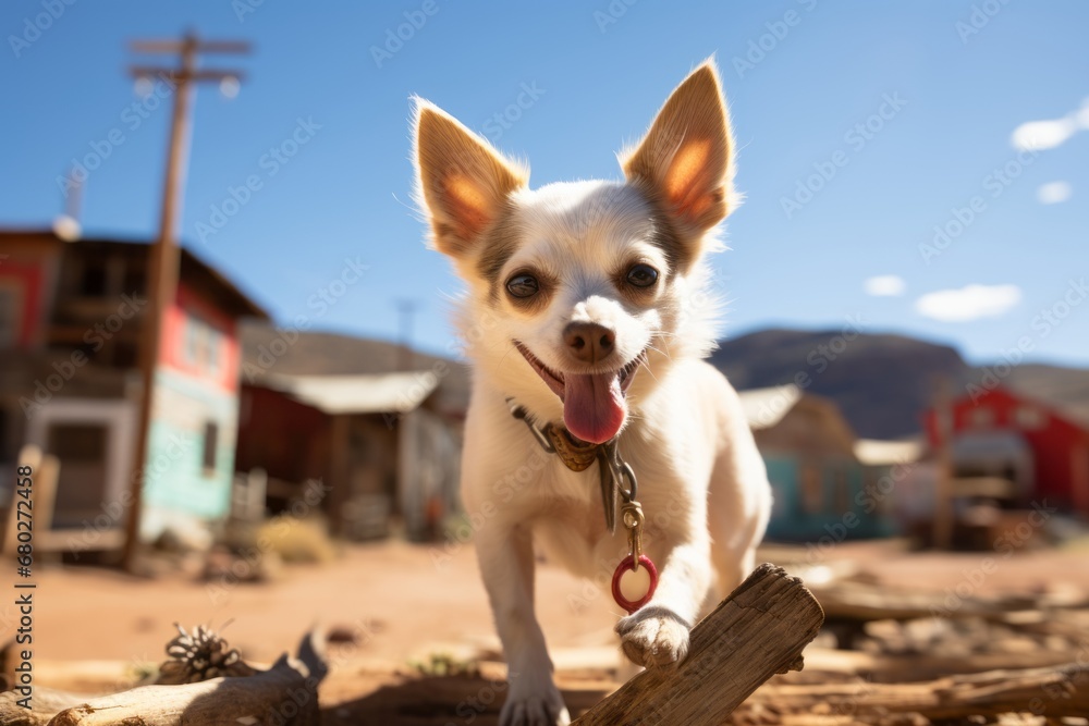 Lifestyle portrait photography of a smiling chihuahua playing with a feather toy against ghost towns background. With generative AI technology Lifestyle portrait photography of a smiling chihuahua playing with a feather toy against ghost towns background. With generative AI technology