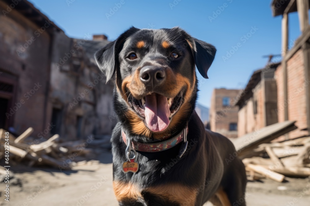 Close-up portrait photography of a smiling rottweiler walking on a leash against ghost towns background. With generative AI technology